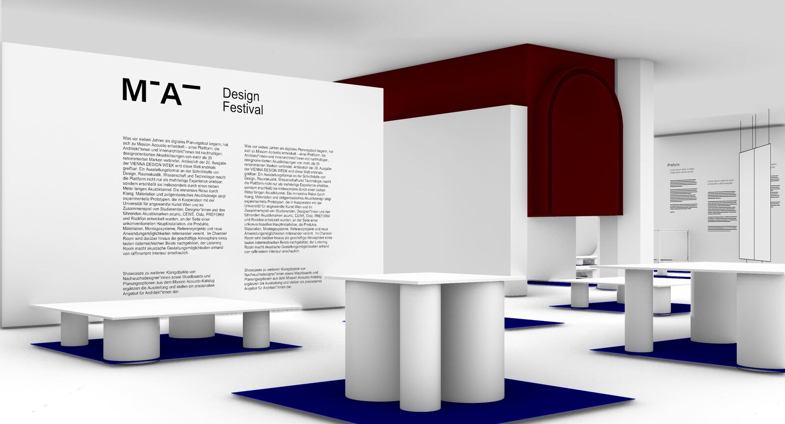 Rendering of the MANIFESTO exhibition: the MissionAcoustic wall with the red Acoustic Tunnel behind it